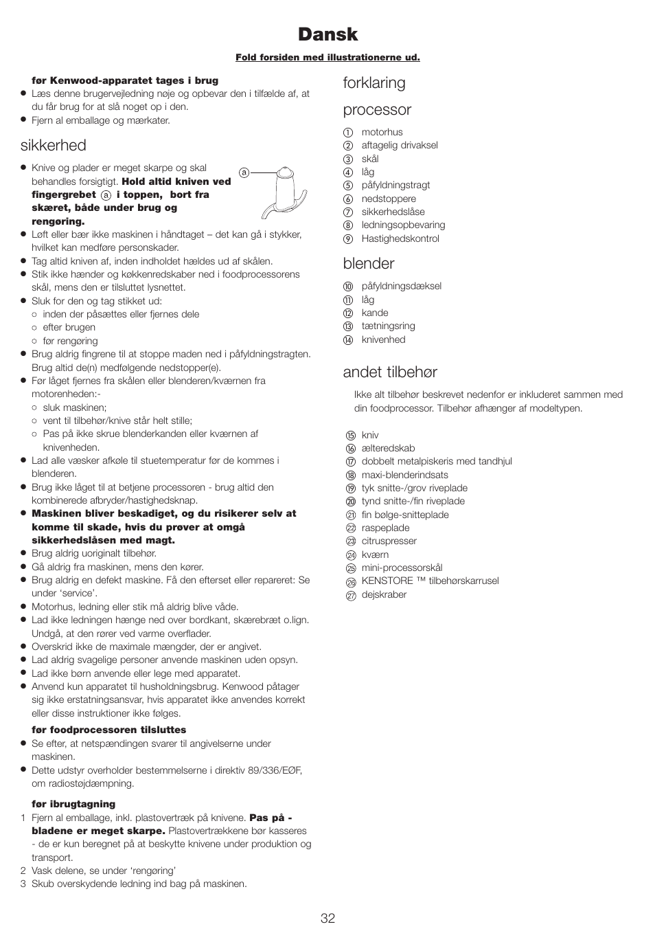 Dansk, Sikkerhed, Forklaring processor | Blender, Andet tilbehør | Kenwood FP710 User Manual | Page 35 / 58