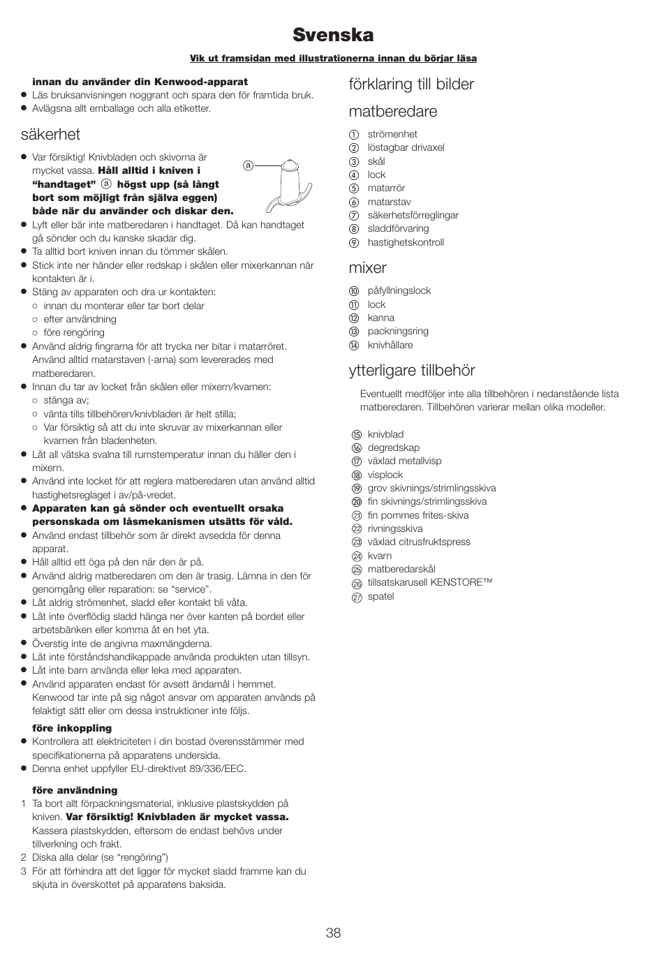 Svenska, Säkerhet, Förklaring till bilder matberedare | Mixer, Ytterligare tillbehör | Kenwood FP710 User Manual | Page 41 / 58