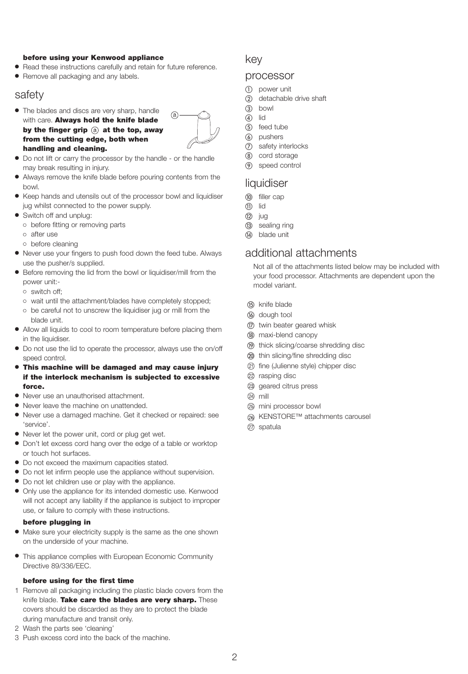 Safety, Key processor, Liquidiser | Additional attachments | Kenwood FP710 User Manual | Page 5 / 58