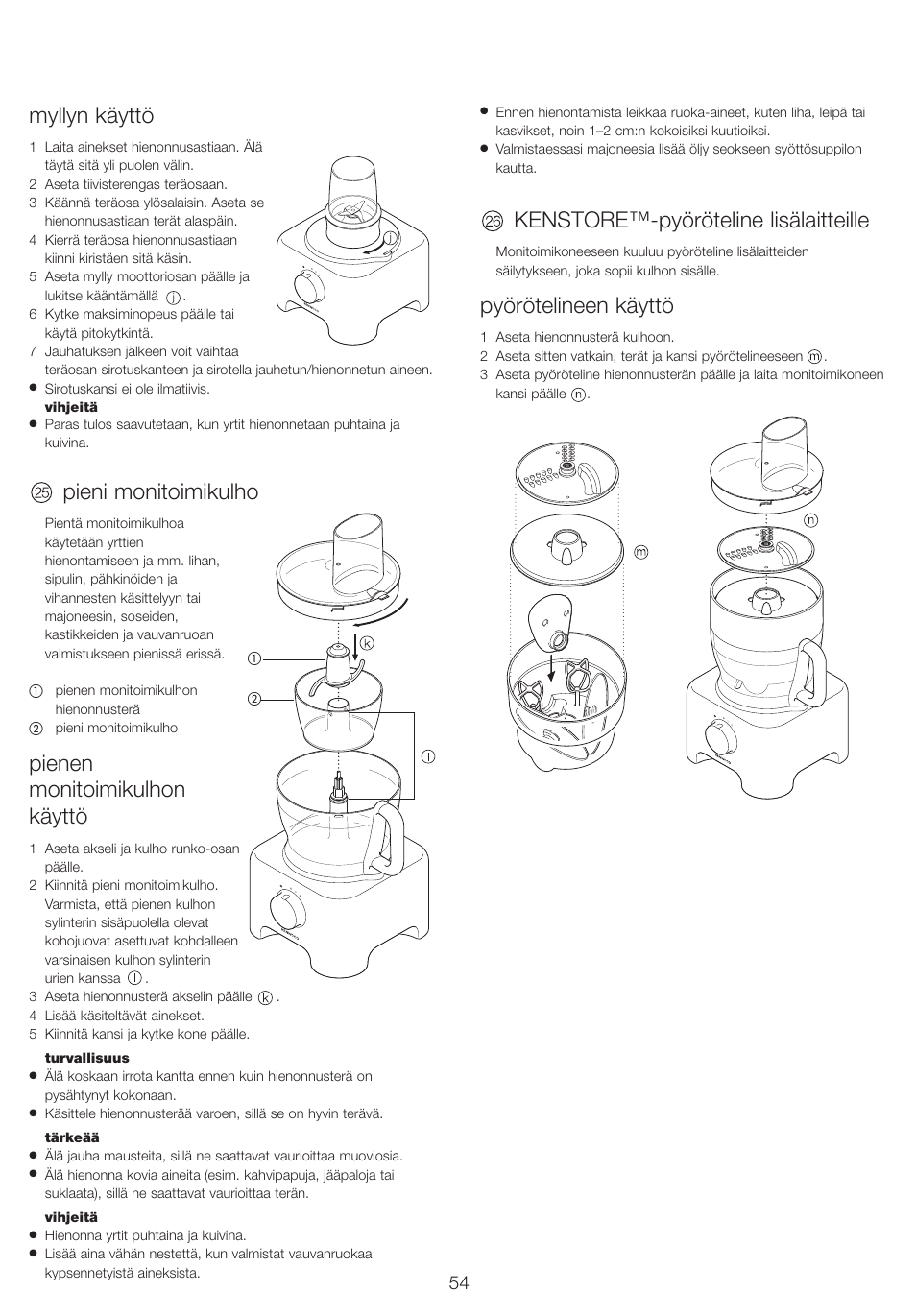 Myllyn käyttö, Pieni monitoimikulho, Pienen monitoimikulhon käyttö | Kenstore™-pyöröteline lisälaitteille, Pyörötelineen käyttö | Kenwood FP710 User Manual | Page 57 / 58