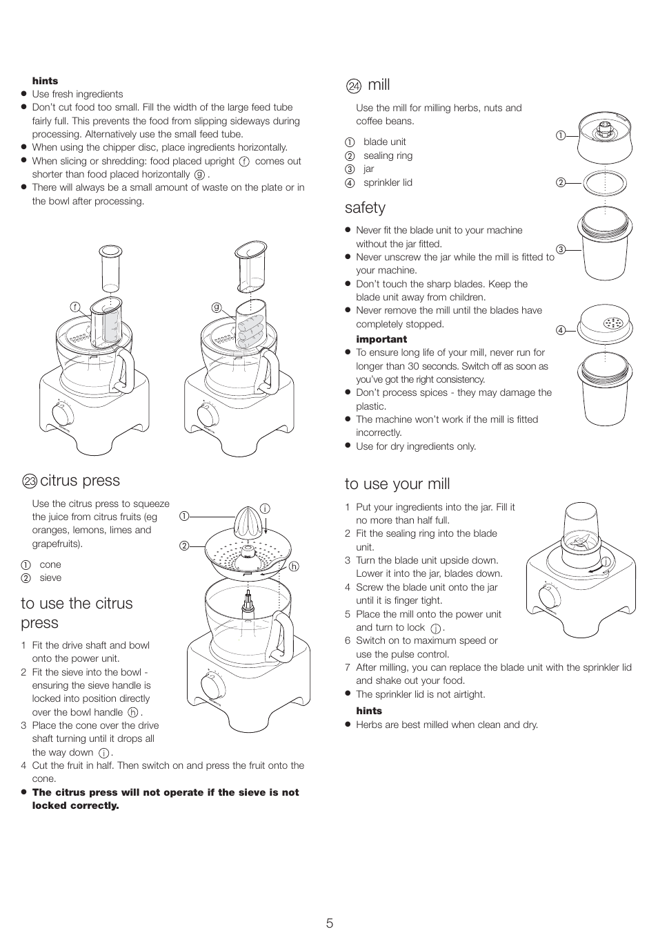 Citrus press, Mill, Safety | Kenwood FP710 User Manual | Page 8 / 58