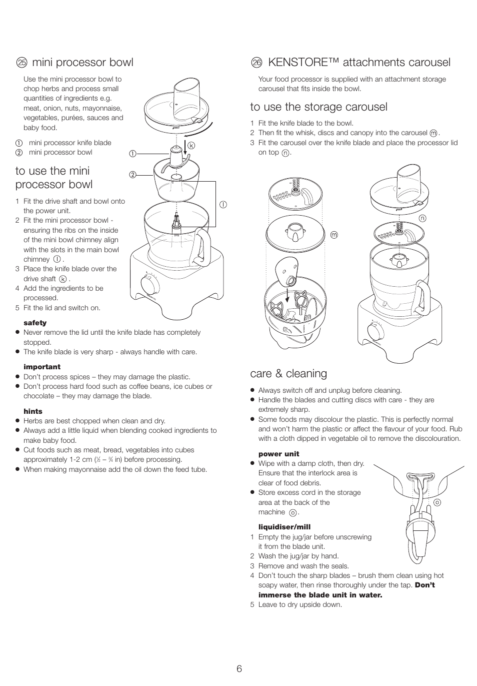 Mini processor bowl, Kenstore™ attachments carousel, Care & cleaning | Kenwood FP710 User Manual | Page 9 / 58
