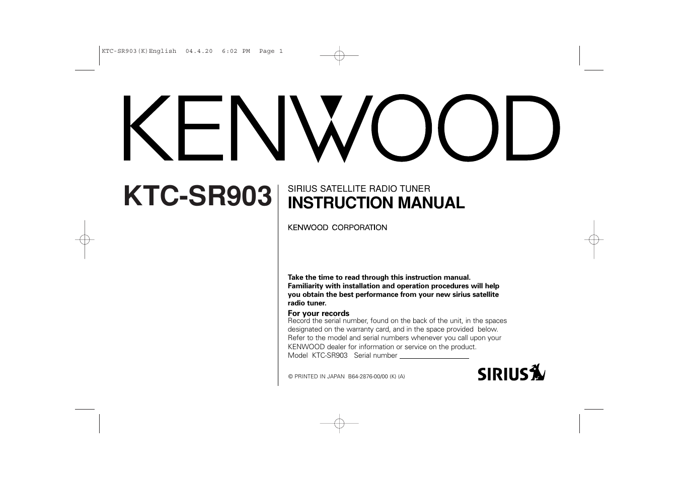 Kenwood SIRIUS KTC-SR903 User Manual | 20 pages