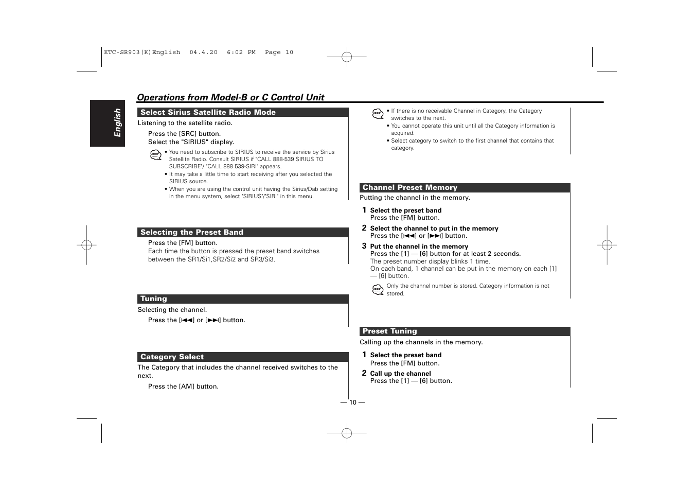 Kenwood SIRIUS KTC-SR903 User Manual | Page 10 / 20