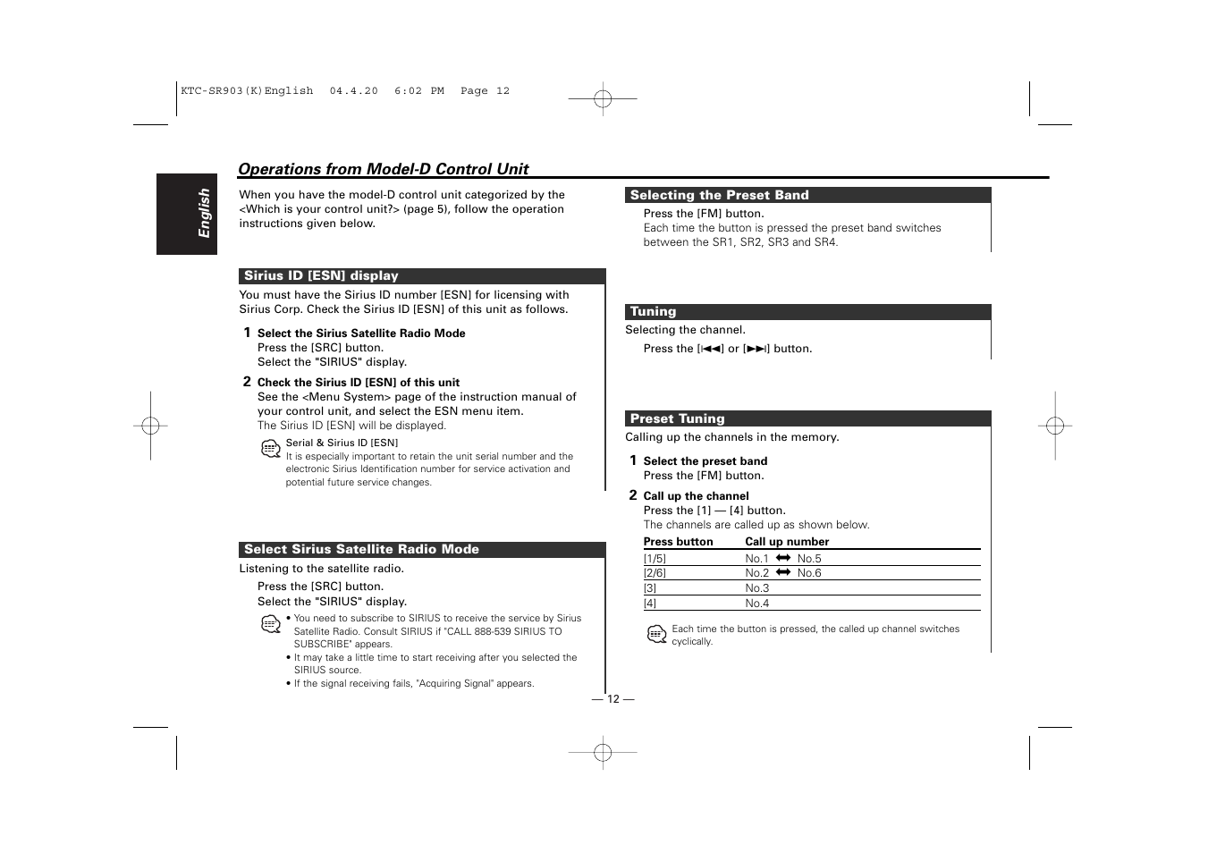 Kenwood SIRIUS KTC-SR903 User Manual | Page 12 / 20