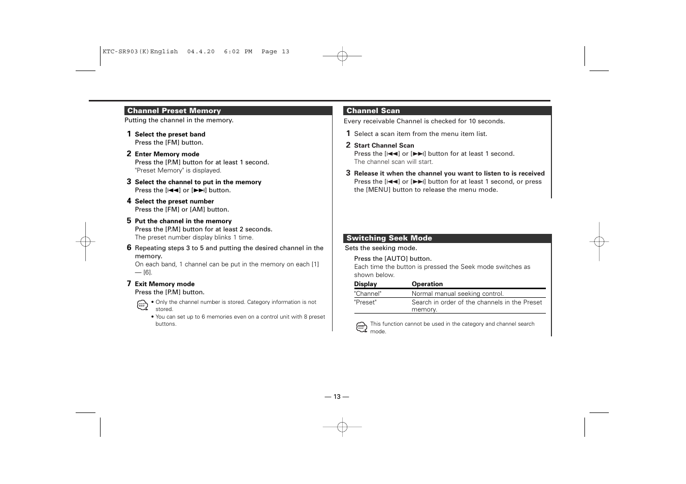 Kenwood SIRIUS KTC-SR903 User Manual | Page 13 / 20
