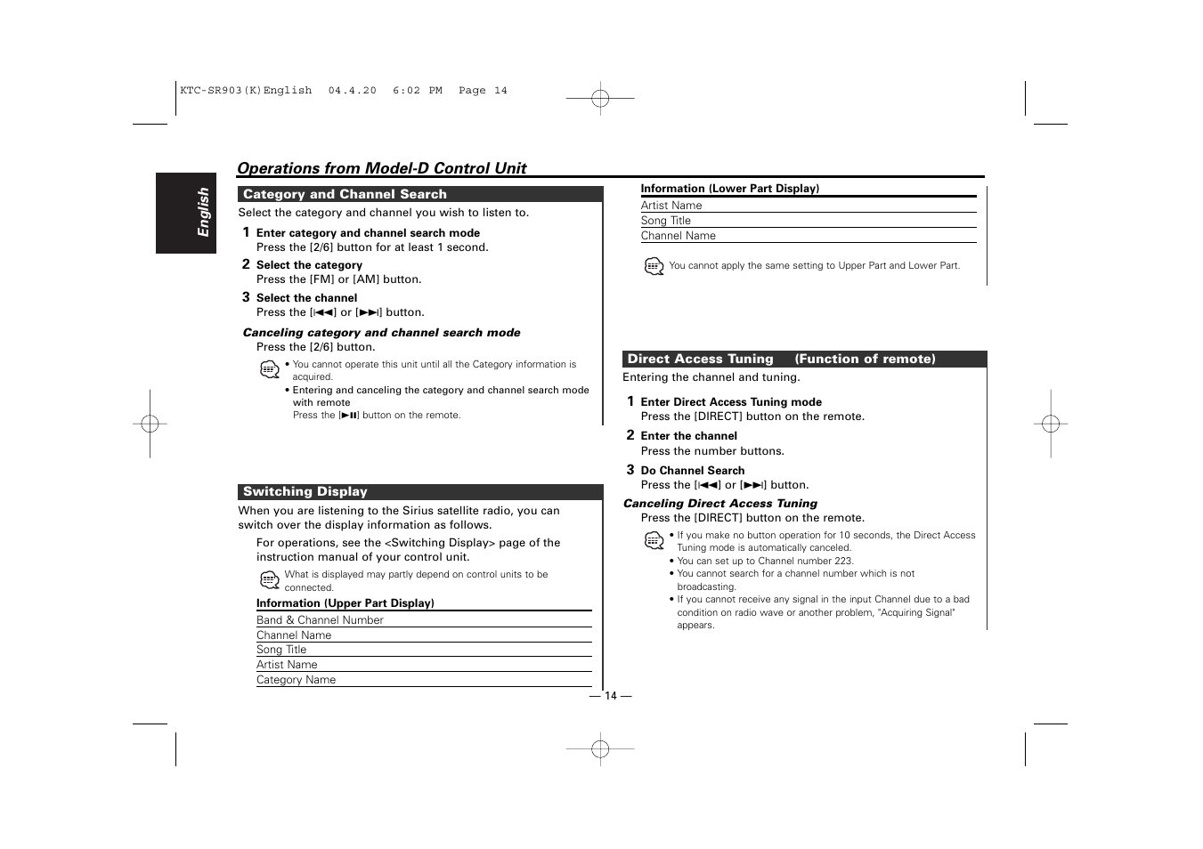 Kenwood SIRIUS KTC-SR903 User Manual | Page 14 / 20