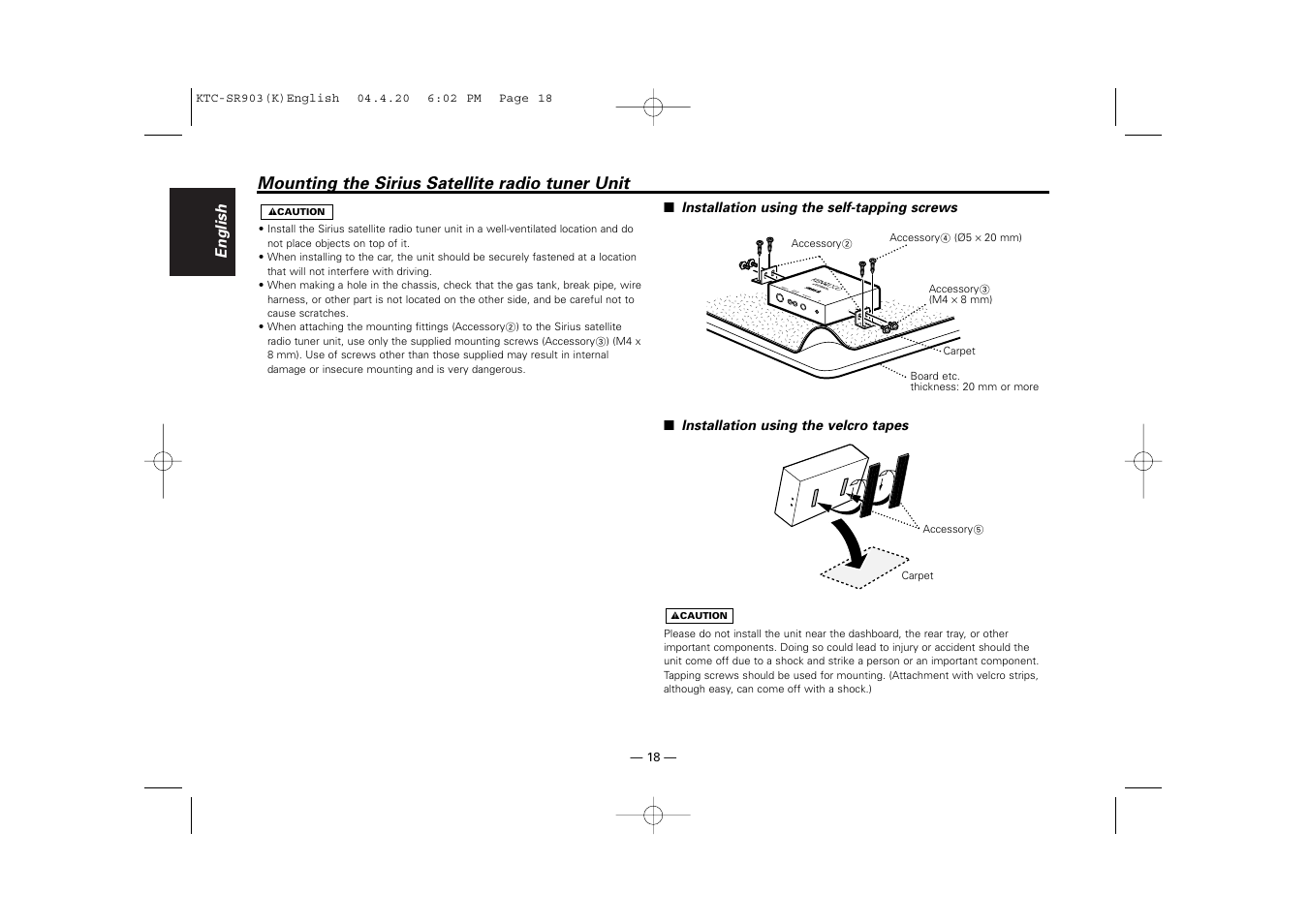 Mounting the sirius satellite radio tuner unit | Kenwood SIRIUS KTC-SR903 User Manual | Page 18 / 20