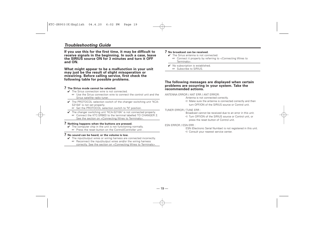 Troubleshooting guide | Kenwood SIRIUS KTC-SR903 User Manual | Page 19 / 20