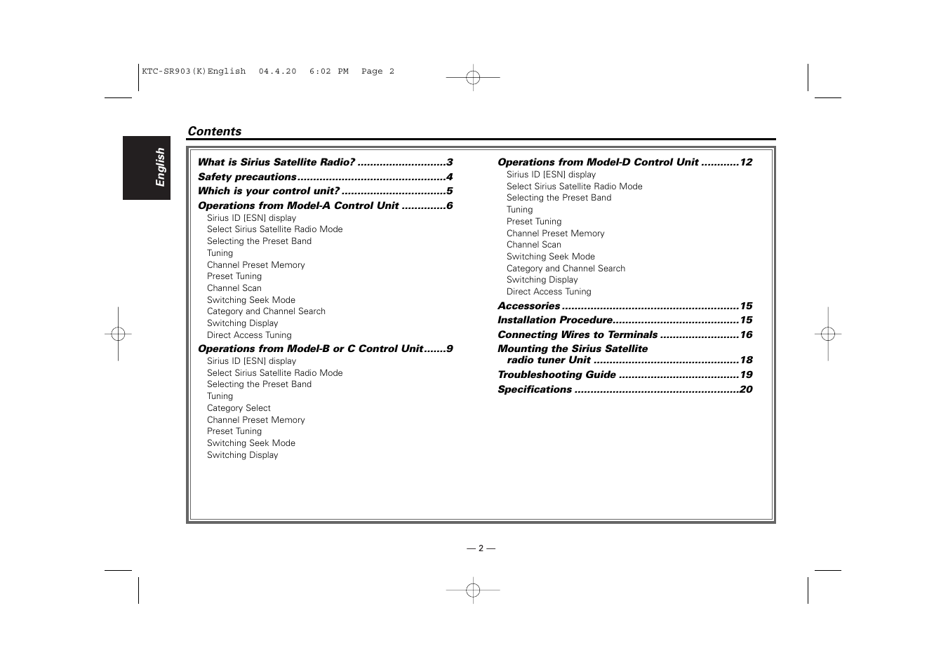 Kenwood SIRIUS KTC-SR903 User Manual | Page 2 / 20