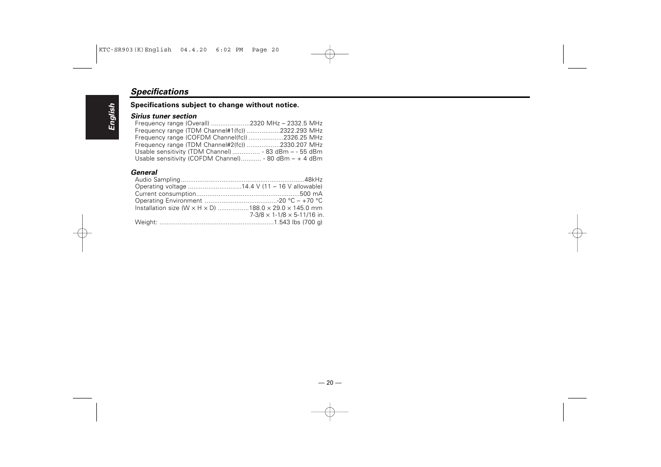 Kenwood SIRIUS KTC-SR903 User Manual | Page 20 / 20