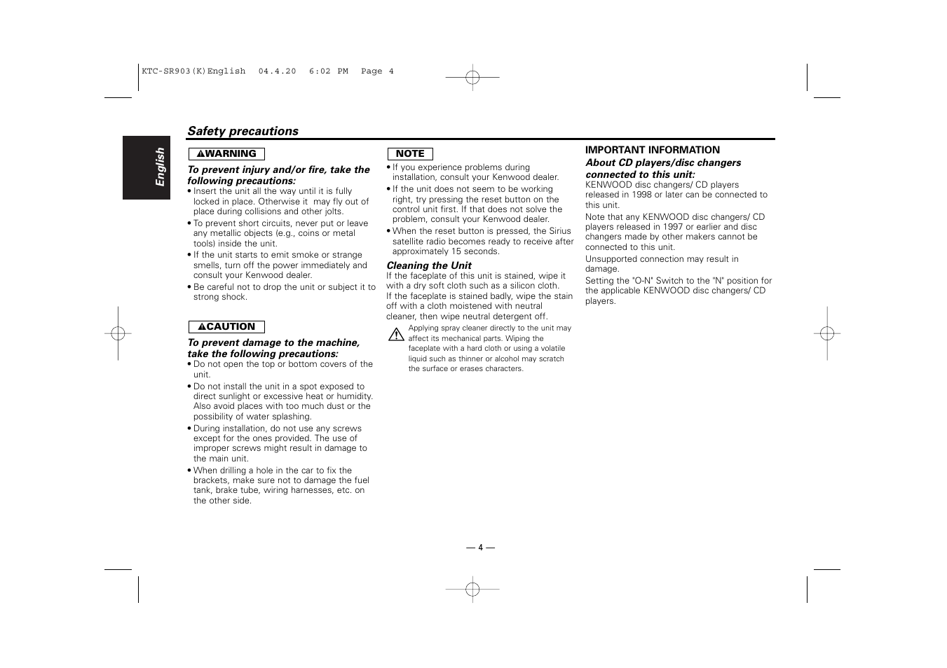 Kenwood SIRIUS KTC-SR903 User Manual | Page 4 / 20