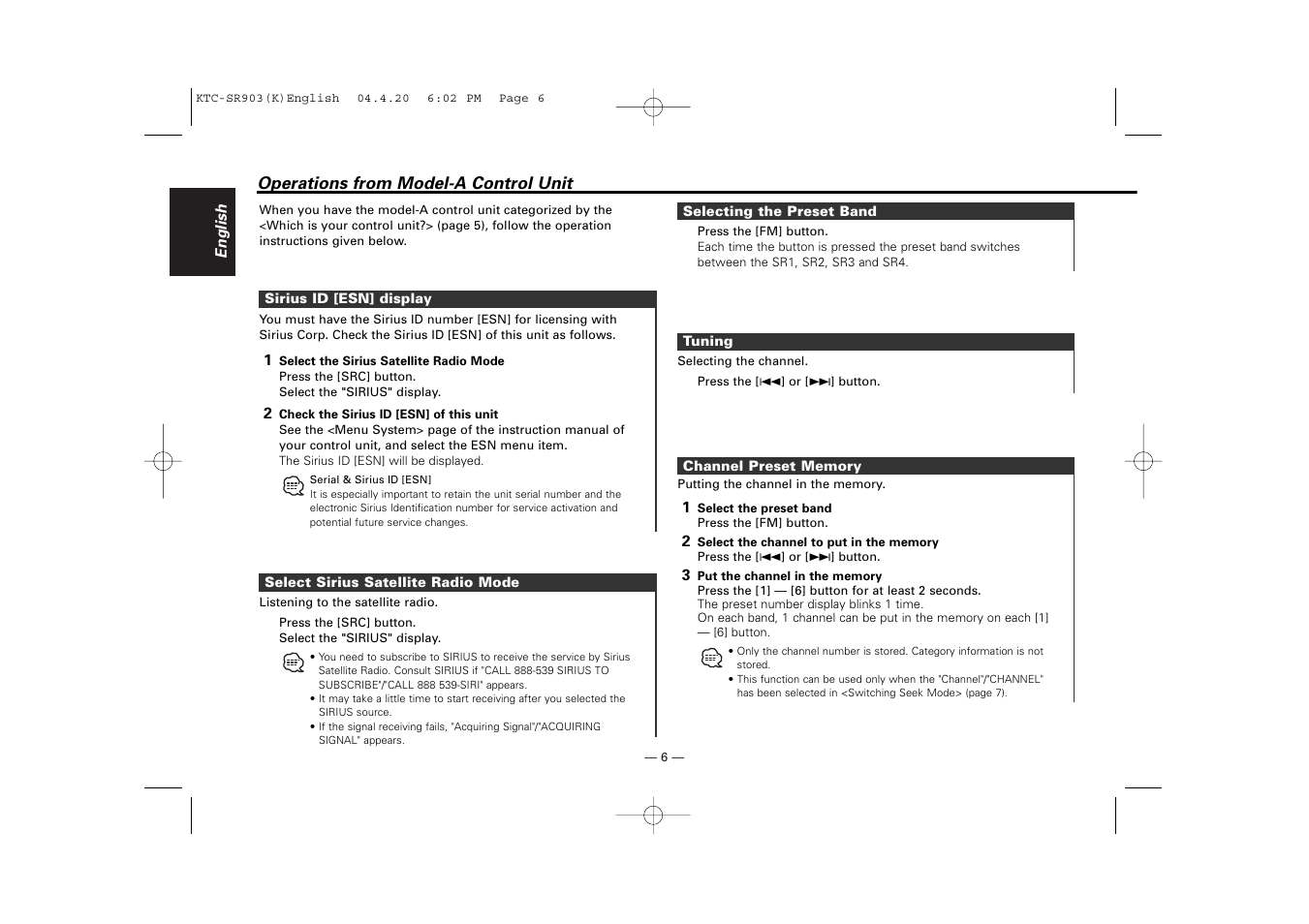 Kenwood SIRIUS KTC-SR903 User Manual | Page 6 / 20