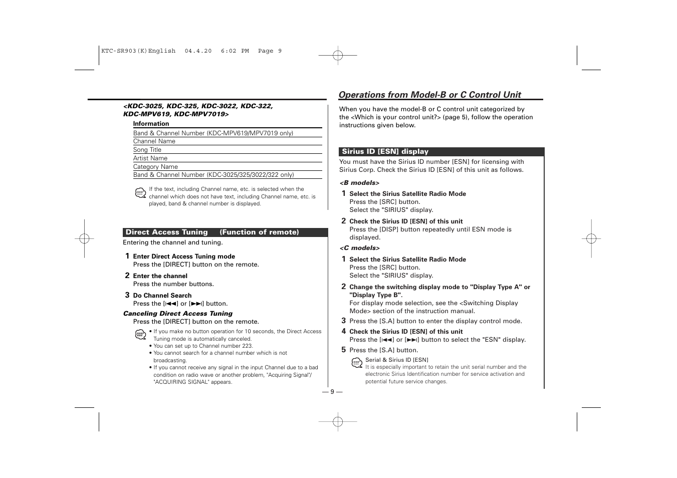 Kenwood SIRIUS KTC-SR903 User Manual | Page 9 / 20