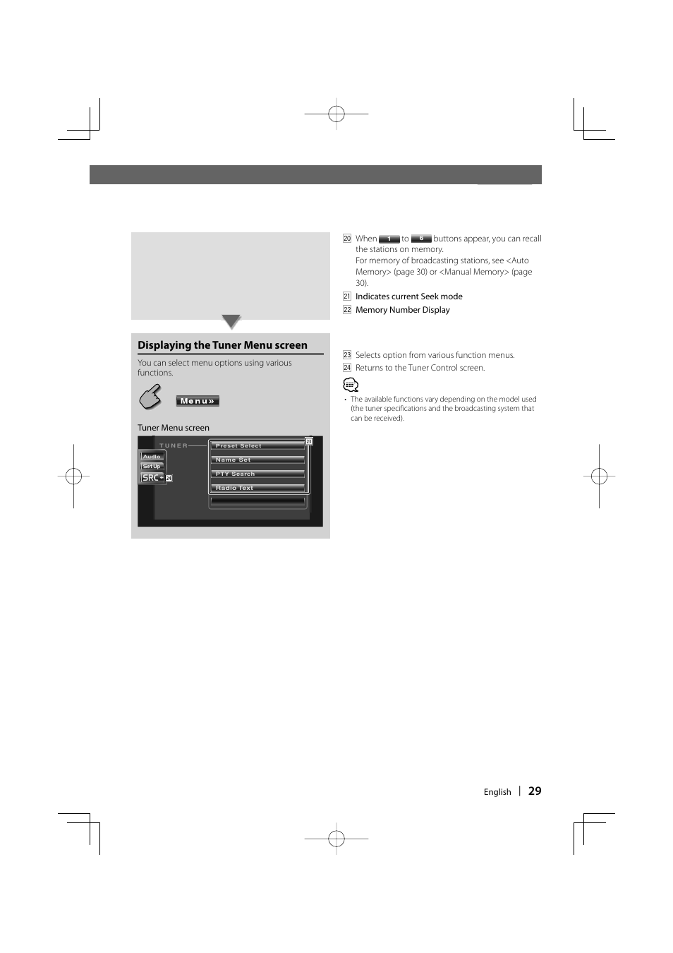 Displaying the tuner menu screen | Kenwood DDX6019 User Manual | Page 29 / 88