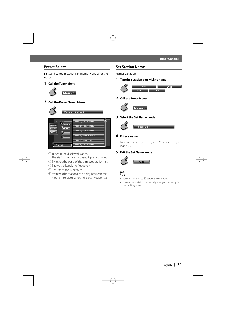 Preset select, Set station name | Kenwood DDX6019 User Manual | Page 31 / 88