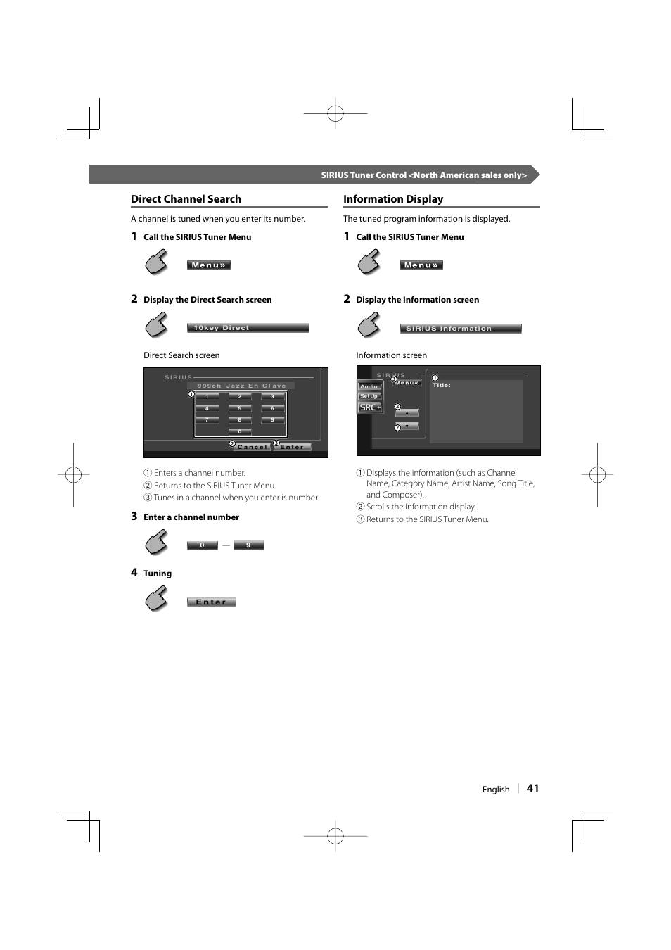 Direct channel search, Information display | Kenwood DDX6019 User Manual | Page 41 / 88