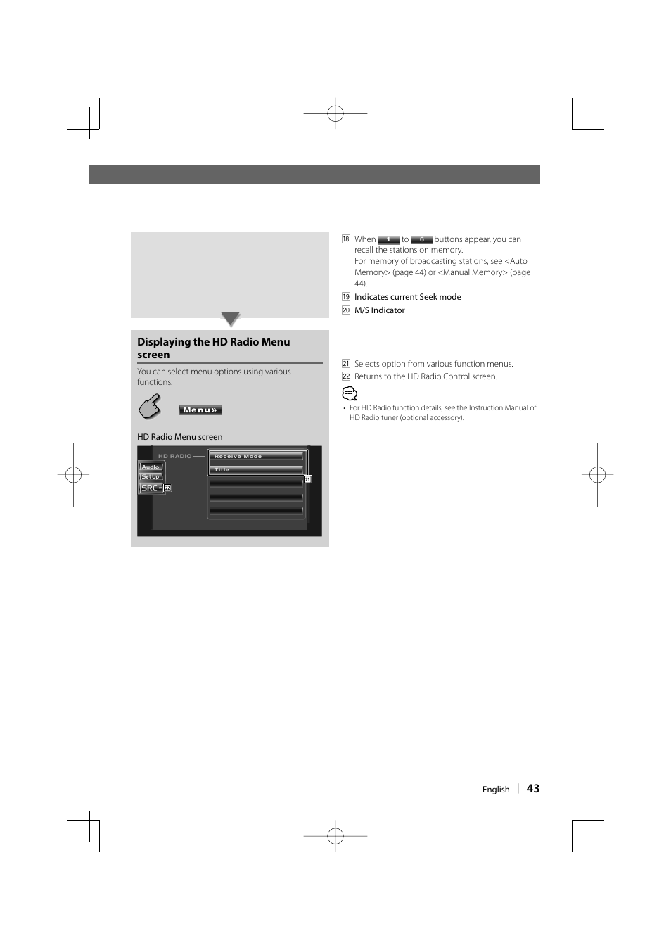 Displaying the hd radio menu screen | Kenwood DDX6019 User Manual | Page 43 / 88