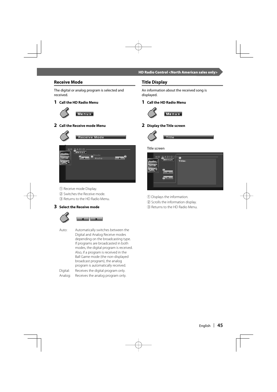 Receive mode, Title display | Kenwood DDX6019 User Manual | Page 45 / 88