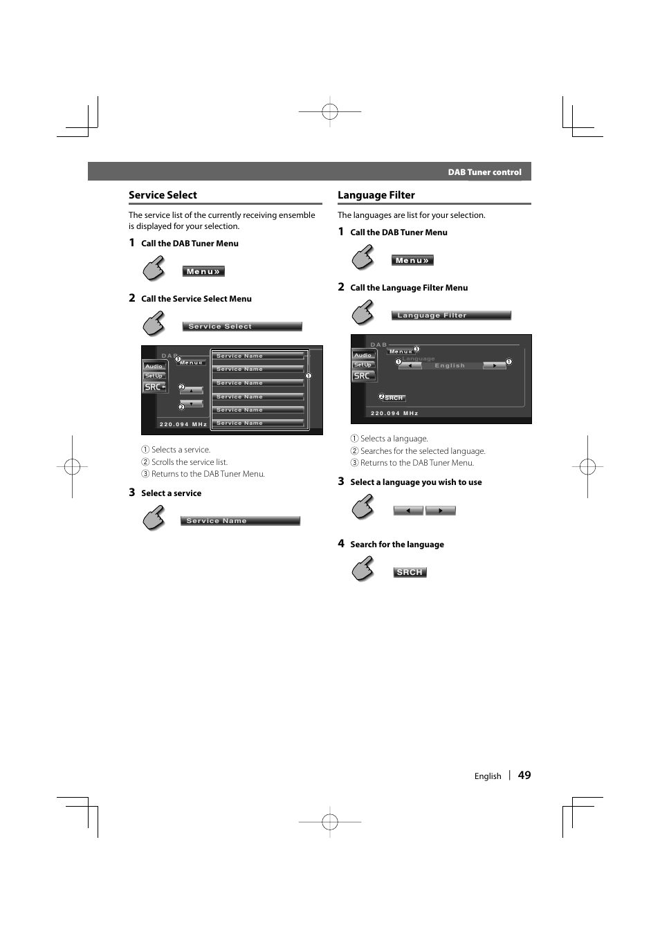 Service select, Language filter | Kenwood DDX6019 User Manual | Page 49 / 88