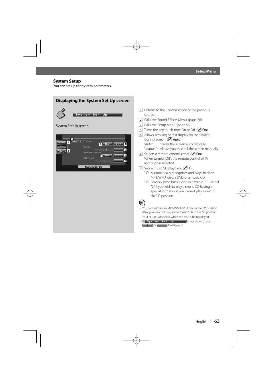 System setup, Displaying the system set up screen | Kenwood DDX6019 User Manual | Page 63 / 88