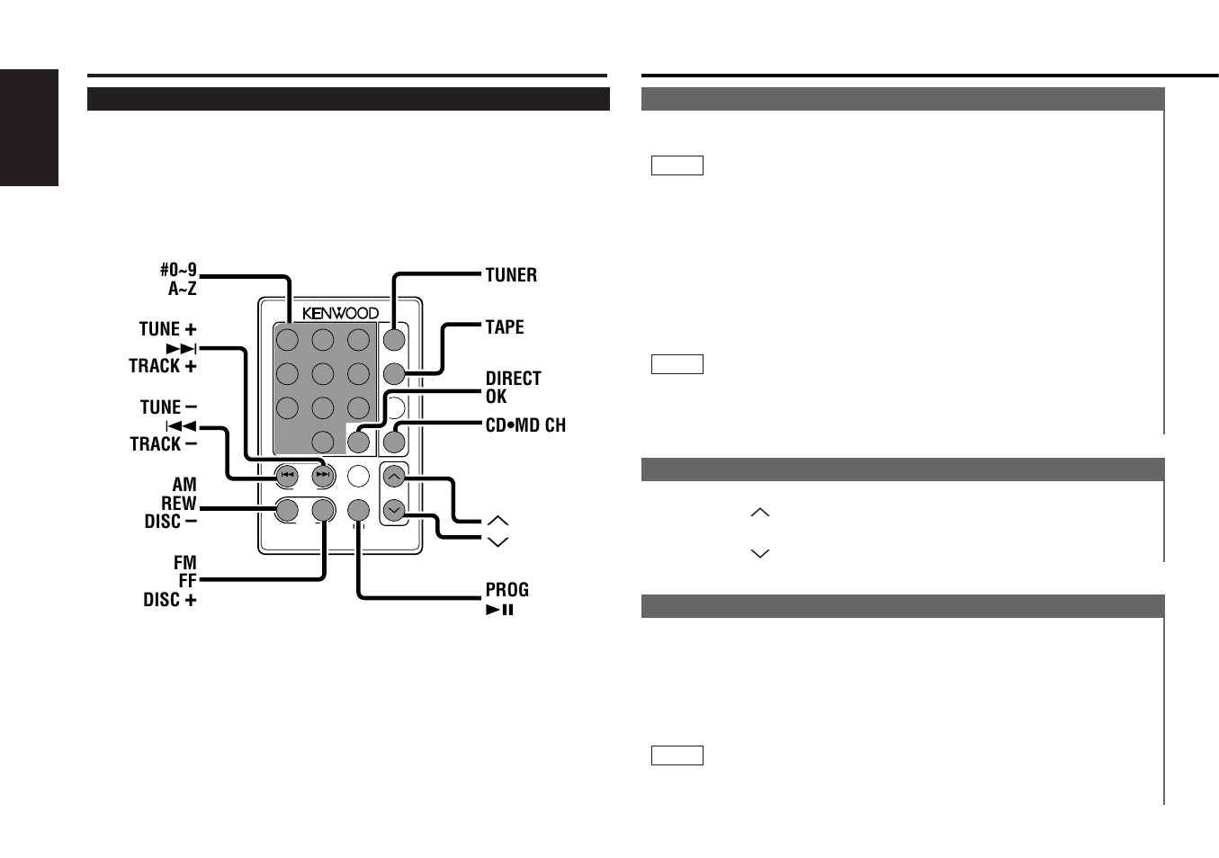 Remote control, Power, Volume | Attenuator, Buttons and display basic operations, English, 0~9 a~z tune, Track, Tune, 4track | Kenwood KRC-459R User Manual | Page 8 / 34