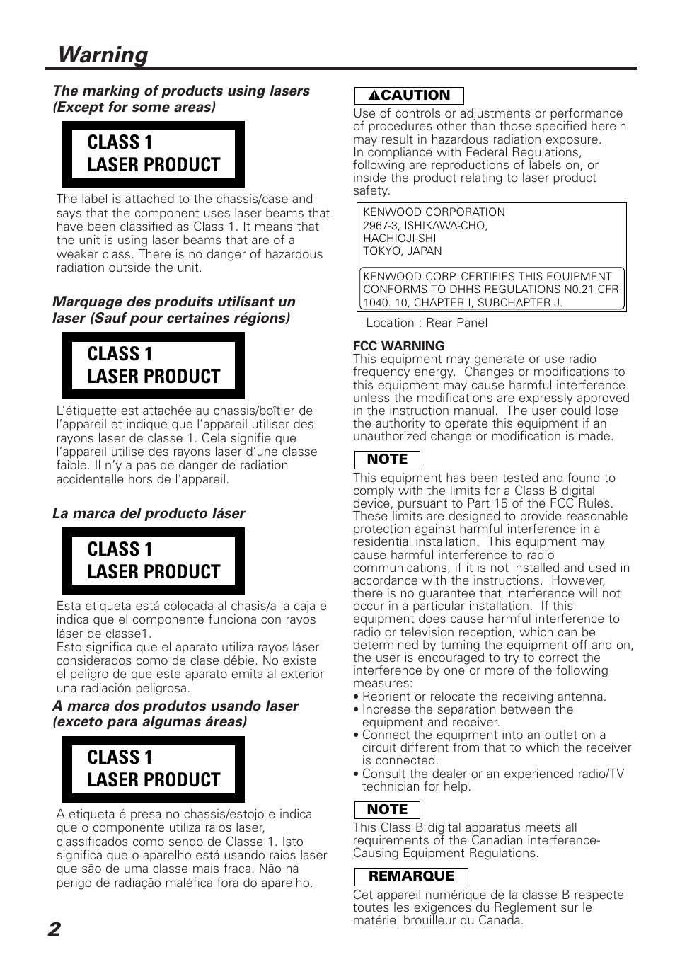 Warning, Class 1 laser product | Kenwood C929 User Manual | Page 2 / 20