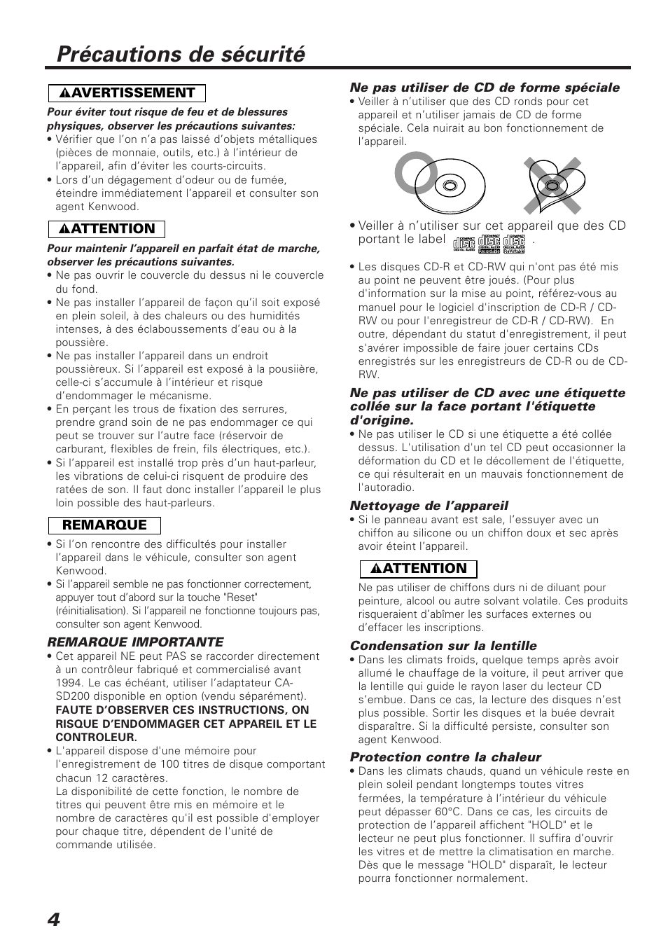 Précautions de sécurité | Kenwood C929 User Manual | Page 4 / 20