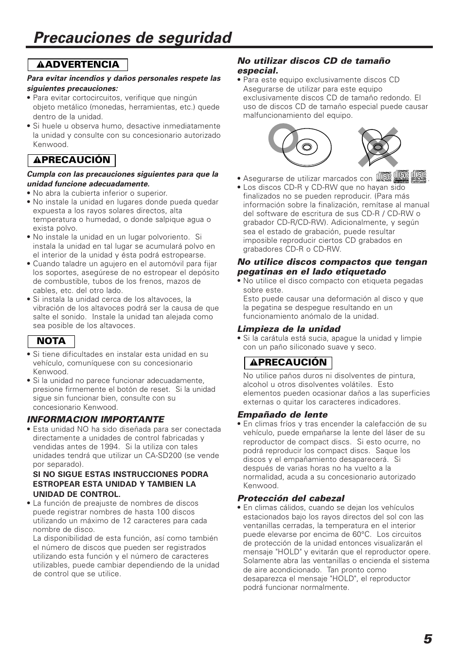 Precauciones de seguridad | Kenwood C929 User Manual | Page 5 / 20