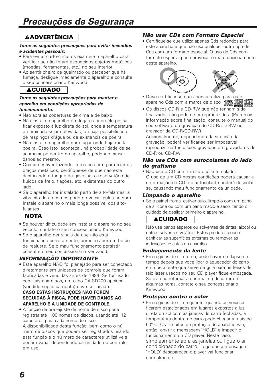 Precauções de segurança | Kenwood C929 User Manual | Page 6 / 20