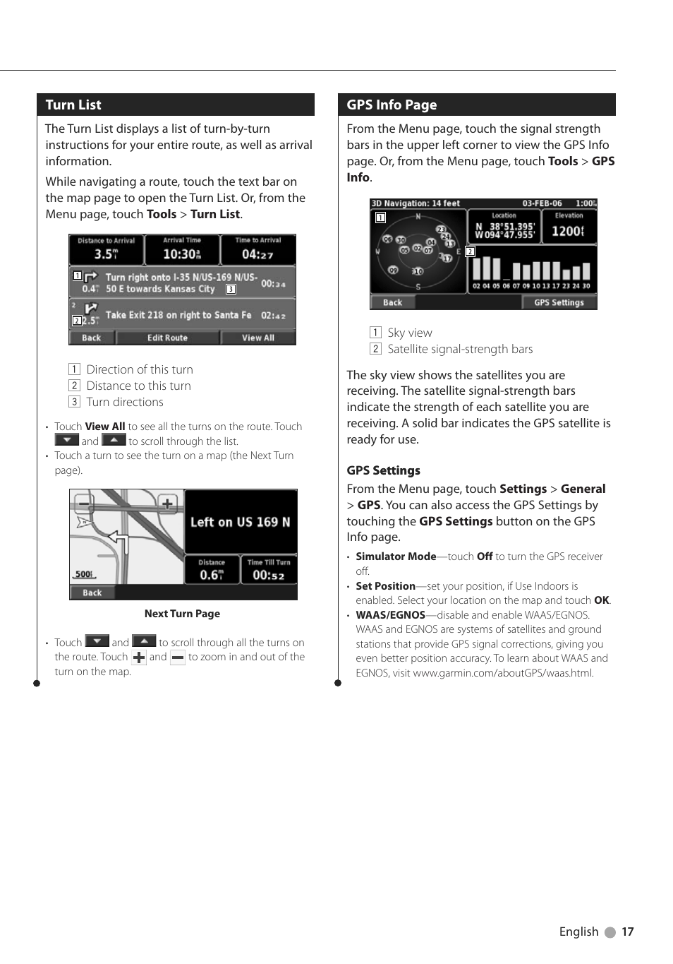 Turn list, Gps info page | Kenwood DNX6000EX User Manual | Page 17 / 32