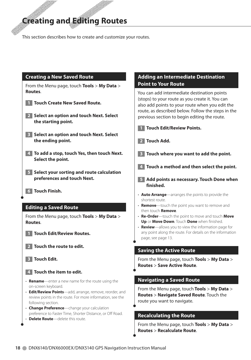 Creating and editing routes | Kenwood DNX6000EX User Manual | Page 18 / 32