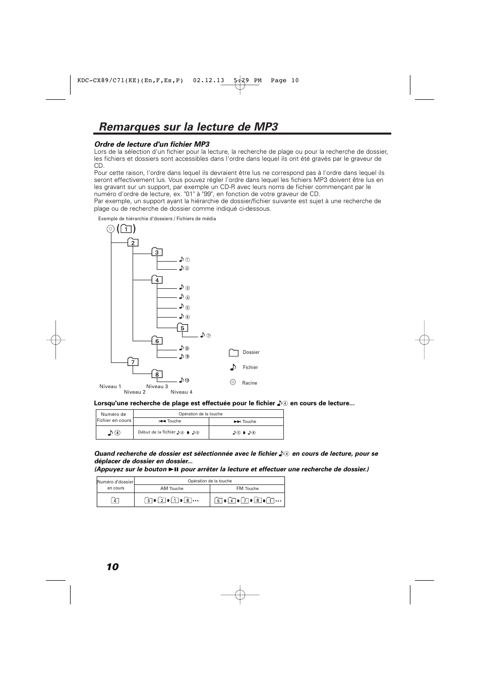 Remarques sur la lecture de mp3, Ordre de lecture d'un fichier mp3 | Kenwood KDC-C719PM User Manual | Page 10 / 36