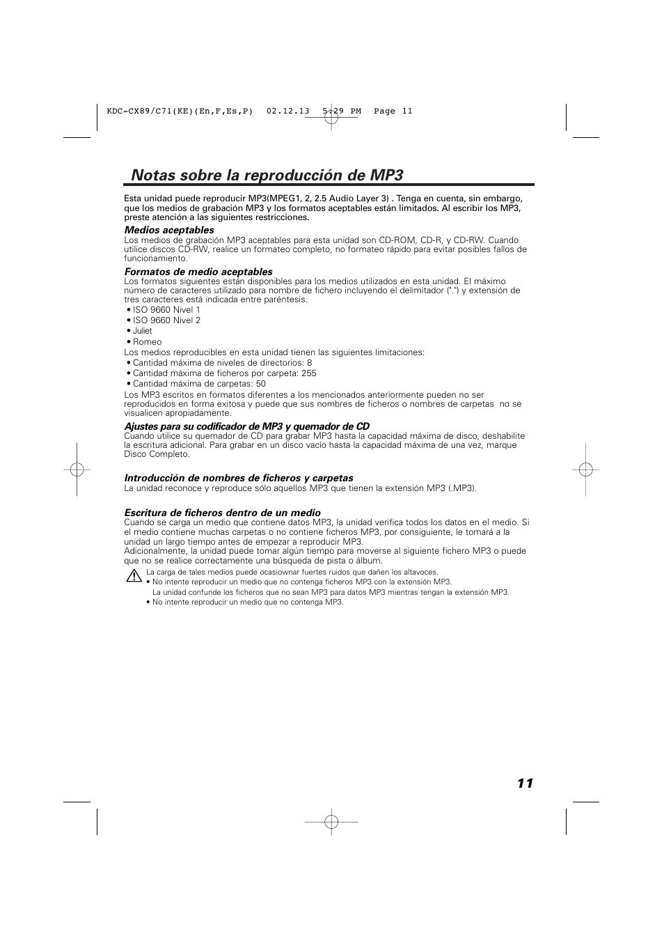 Notas sobre la reproducción de mp3 | Kenwood KDC-C719PM User Manual | Page 11 / 36