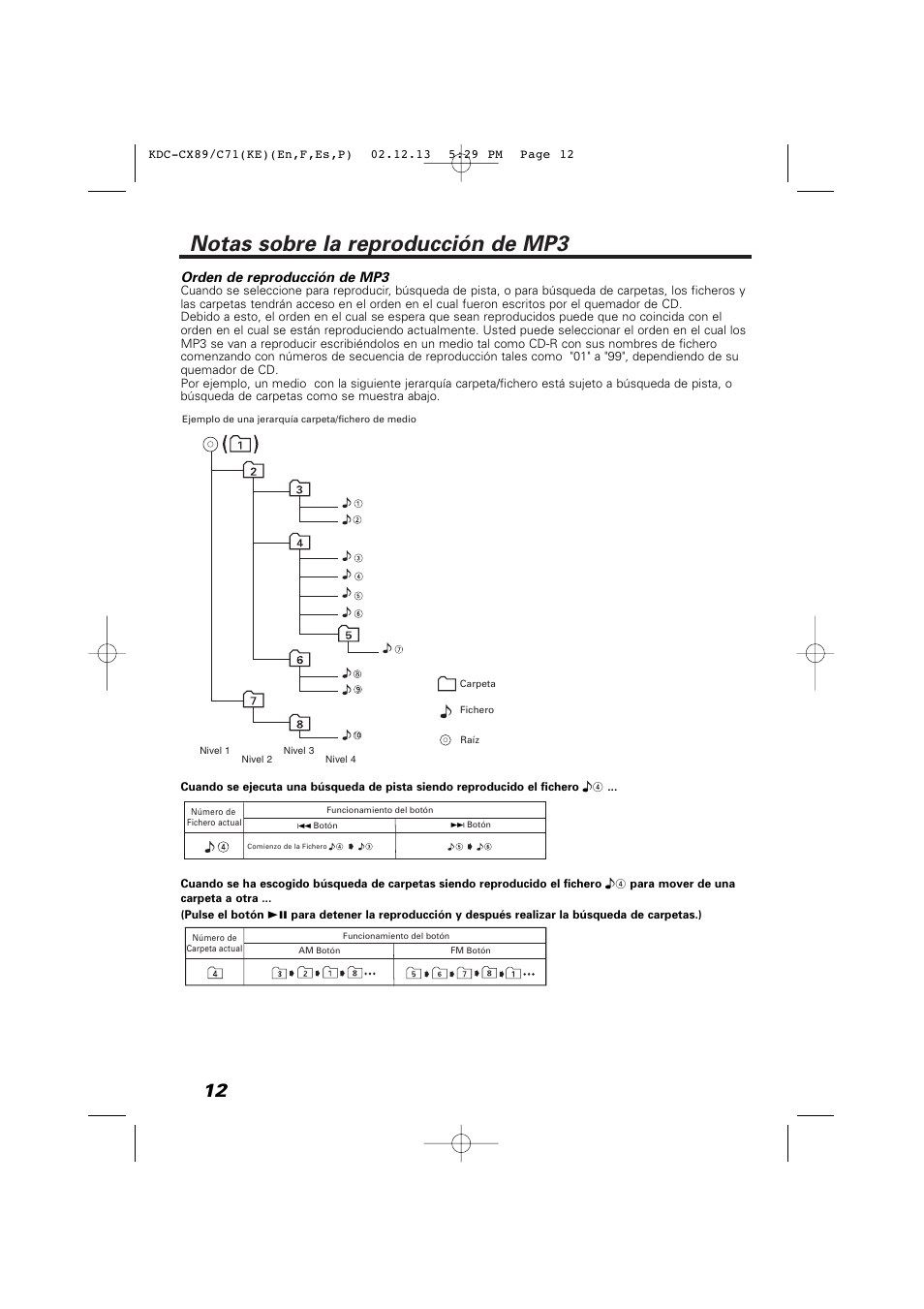 Notas sobre la reproducción de mp3, Orden de reproducción de mp3 | Kenwood KDC-C719PM User Manual | Page 12 / 36