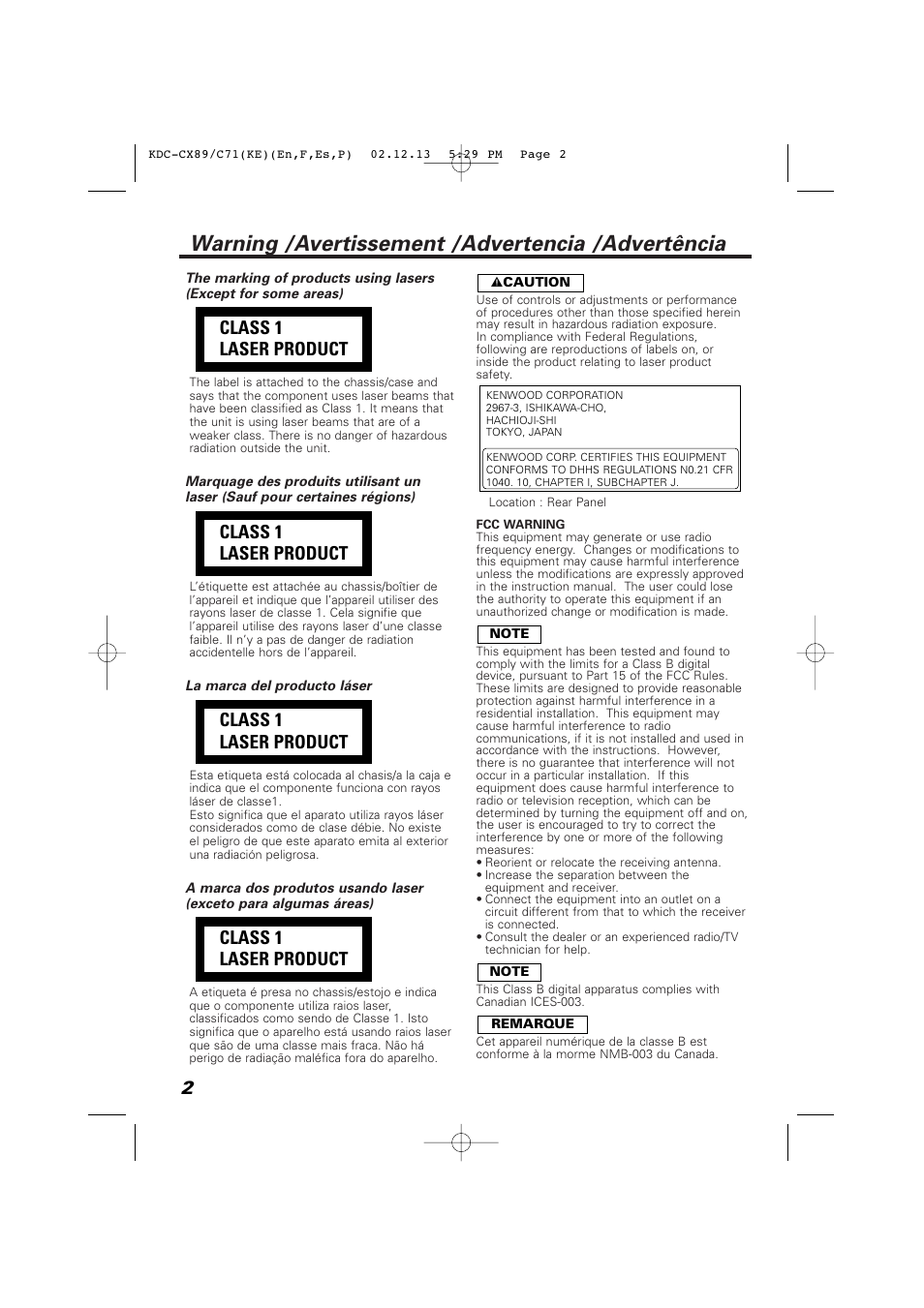 Warning /avertissement /advertencia /advertência, Class 1 laser product | Kenwood KDC-C719PM User Manual | Page 2 / 36