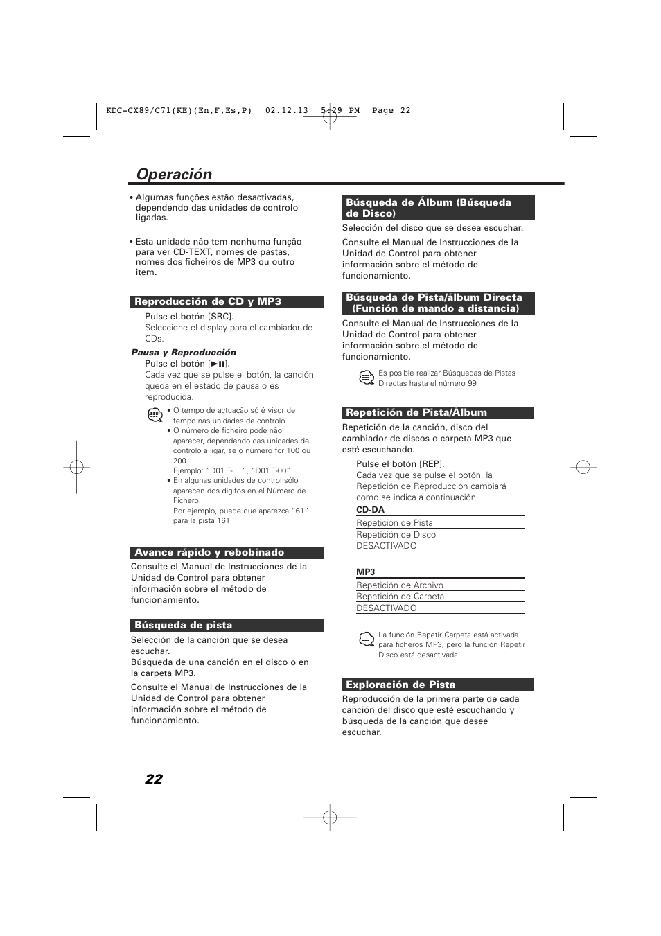 Operación | Kenwood KDC-C719PM User Manual | Page 22 / 36