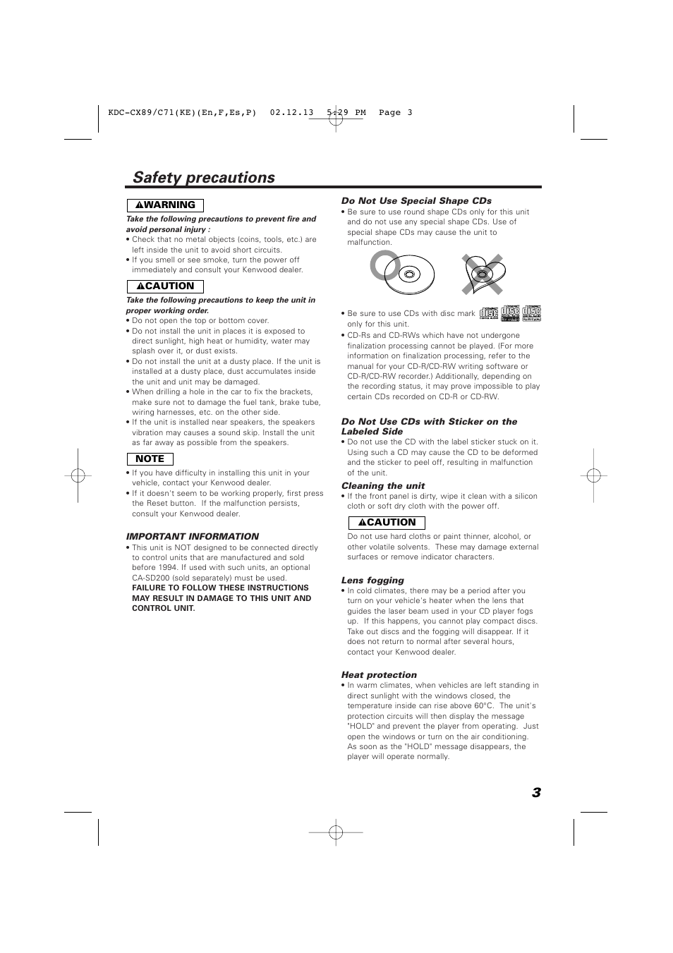 Safety precautions | Kenwood KDC-C719PM User Manual | Page 3 / 36