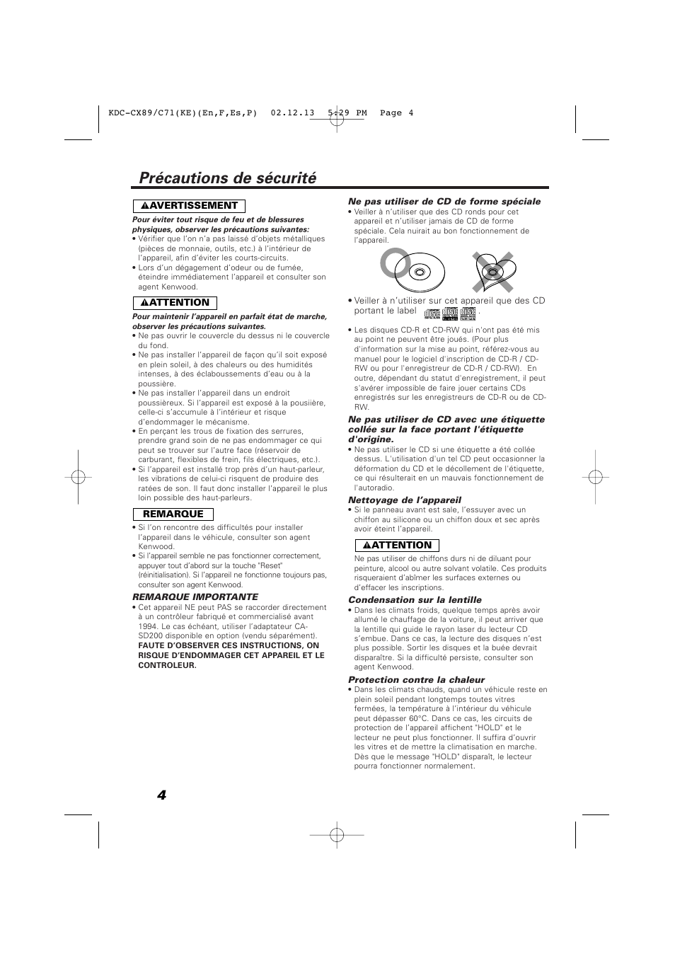 Précautions de sécurité | Kenwood KDC-C719PM User Manual | Page 4 / 36