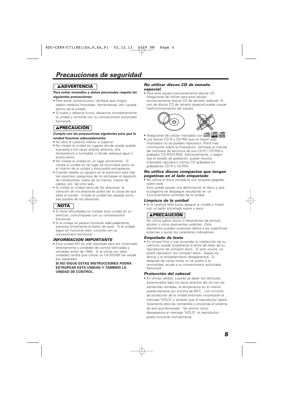 Precauciones de seguridad | Kenwood KDC-C719PM User Manual | Page 5 / 36