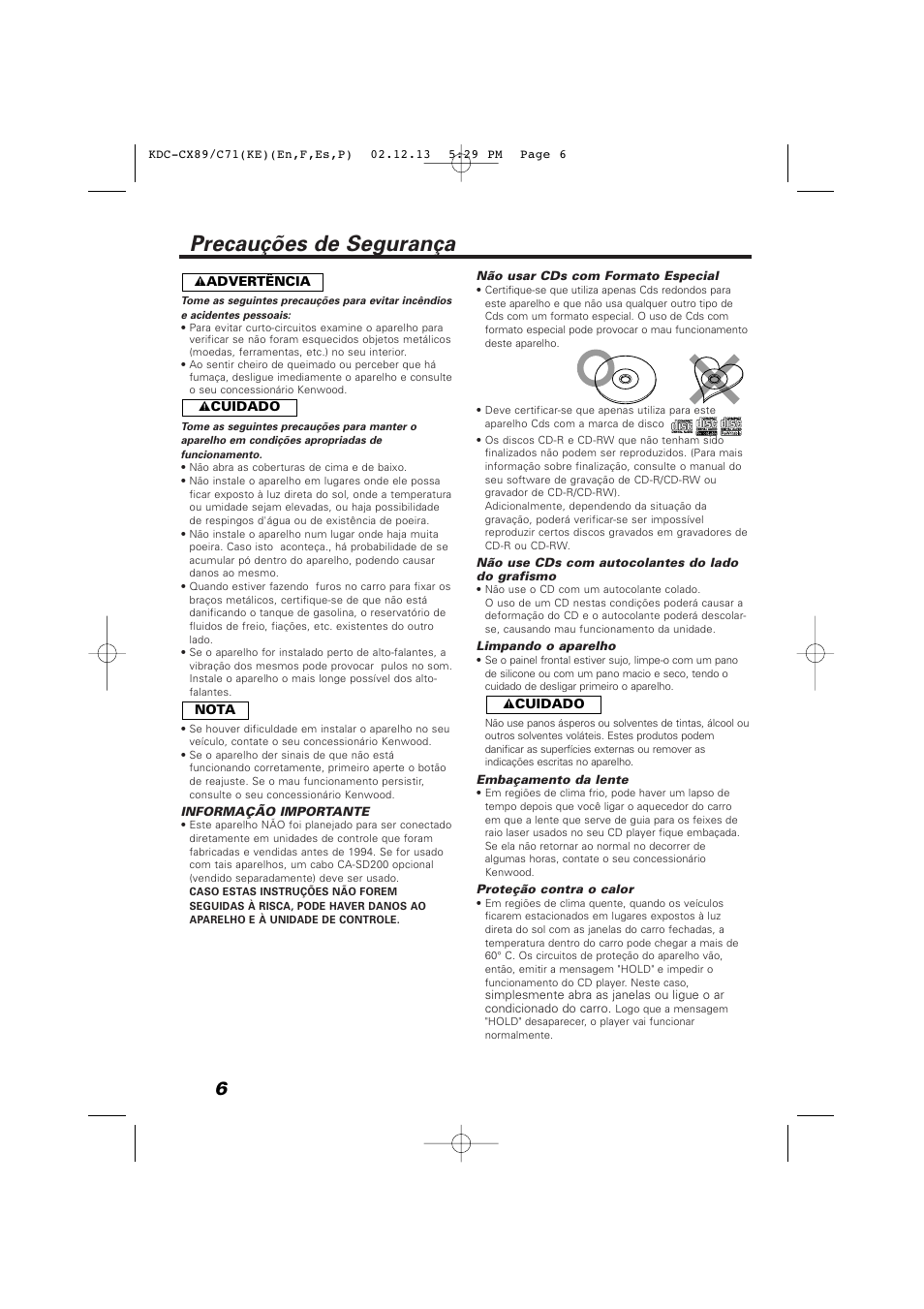 Precauções de segurança | Kenwood KDC-C719PM User Manual | Page 6 / 36