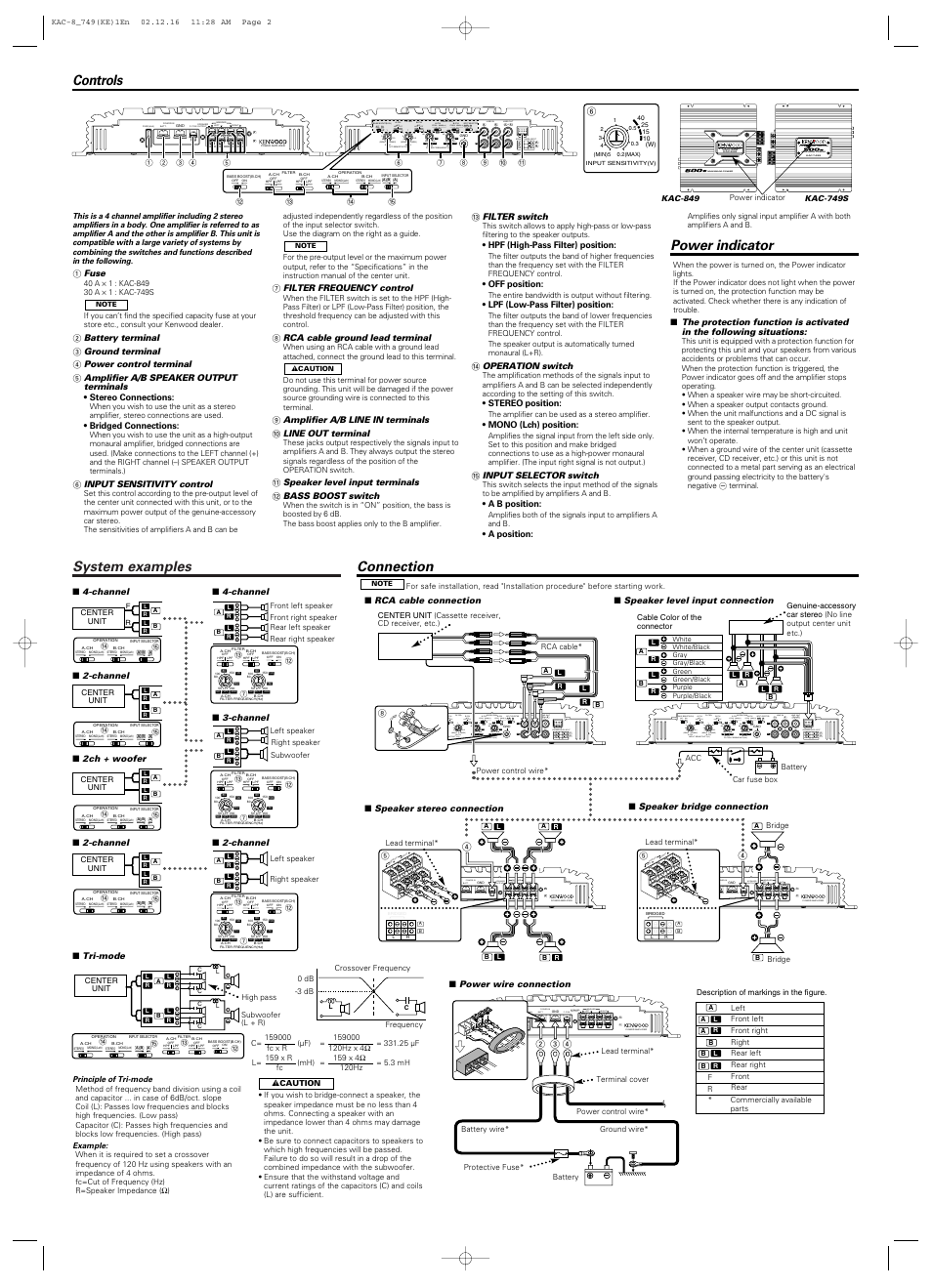 System examples, Power indicator, Controls | On off, Lpf hpf off, Mono(lch) stereo, Connection, Ba b l r, Bridged | Kenwood KAC-749S User Manual | Page 2 / 2