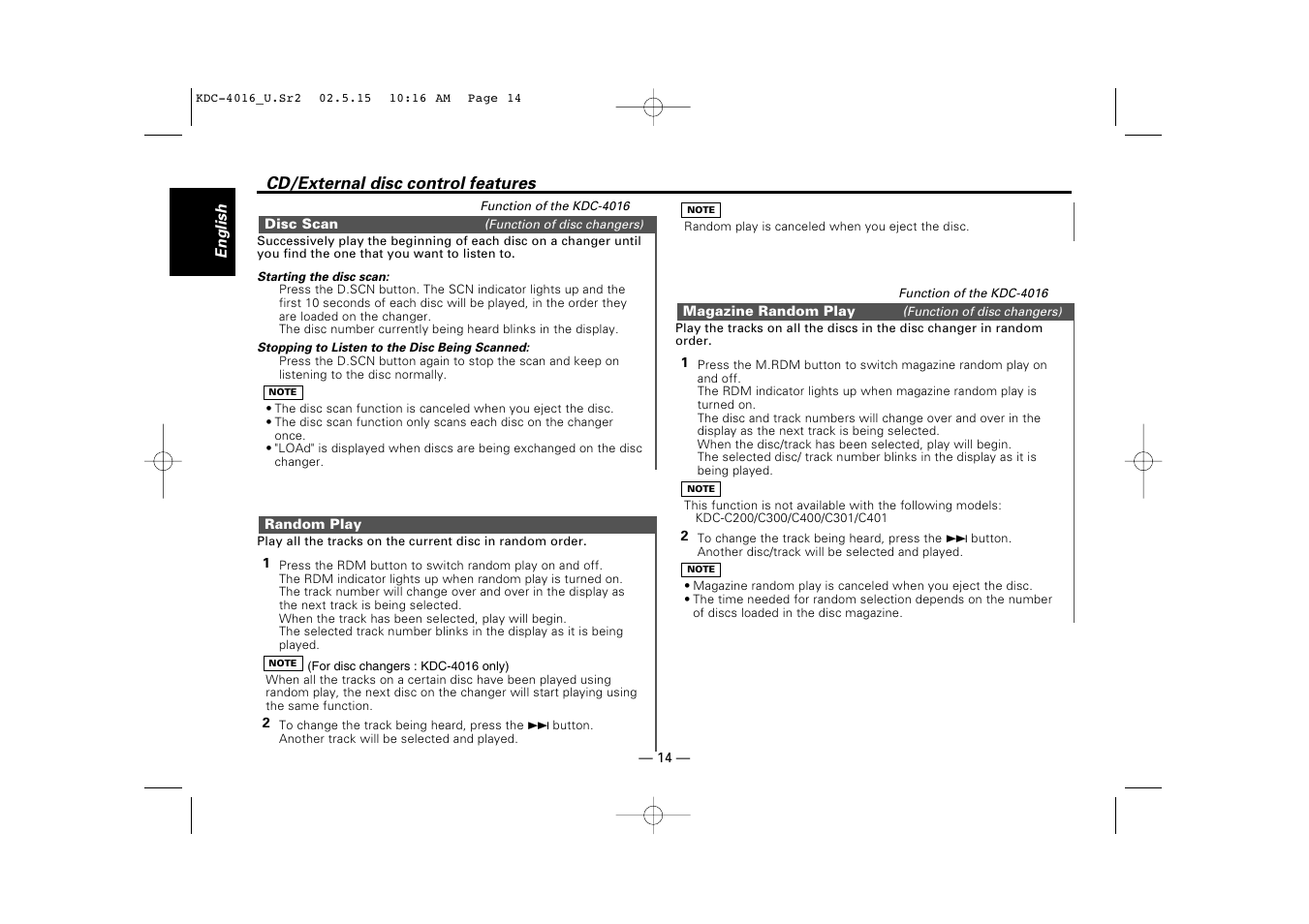 Disc scan, Random play, Magazine random play | Kenwood KDC-2016 User Manual | Page 14 / 25