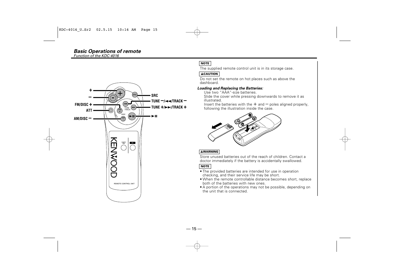 Basic operations of remote | Kenwood KDC-2016 User Manual | Page 15 / 25