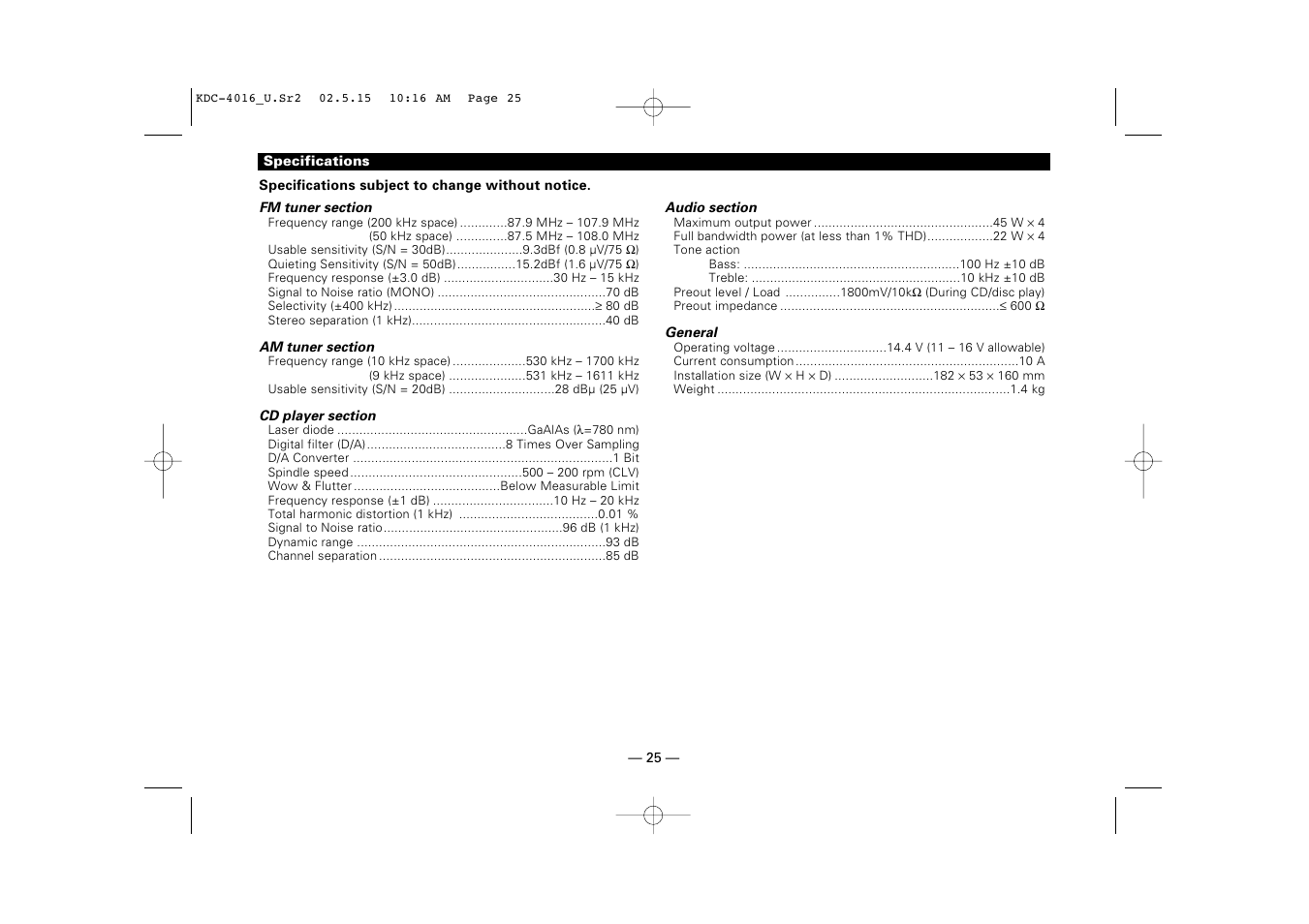 Specifications | Kenwood KDC-2016 User Manual | Page 25 / 25