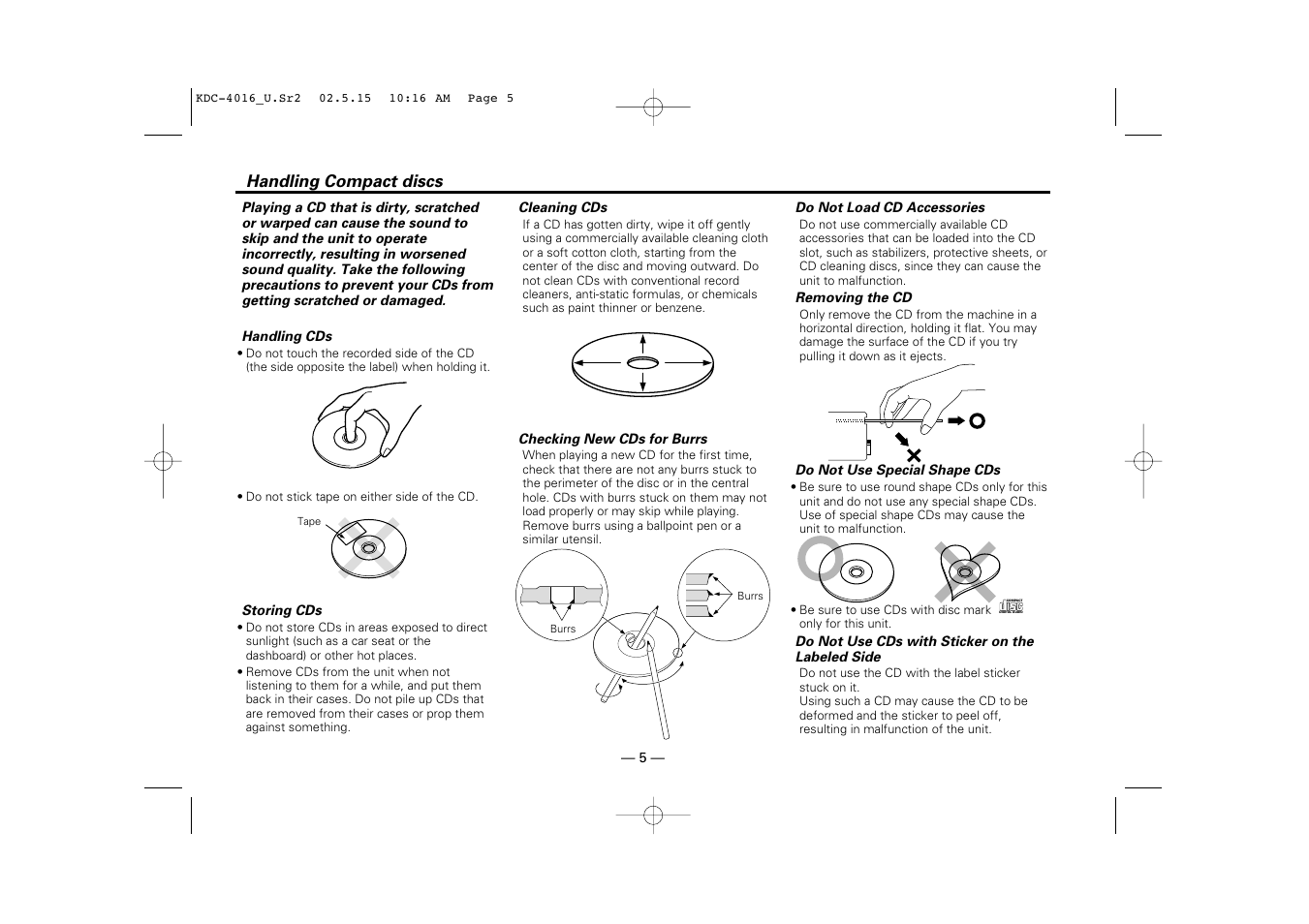 Handling compact discs | Kenwood KDC-2016 User Manual | Page 5 / 25