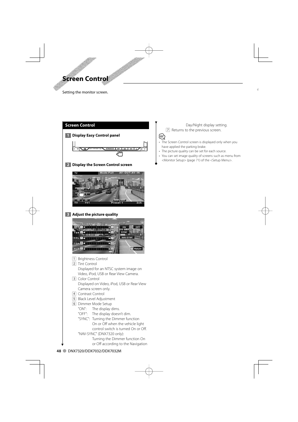 Screen control | Kenwood DDX7032M User Manual | Page 48 / 100