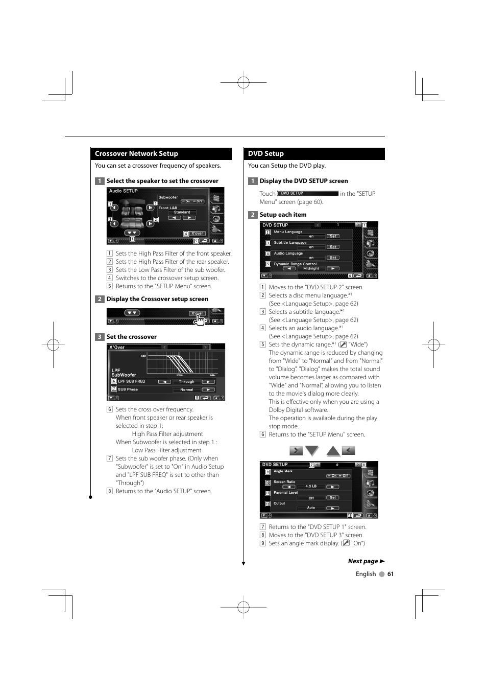 Crossover network setup, Dvd setup | Kenwood DDX7032M User Manual | Page 61 / 100