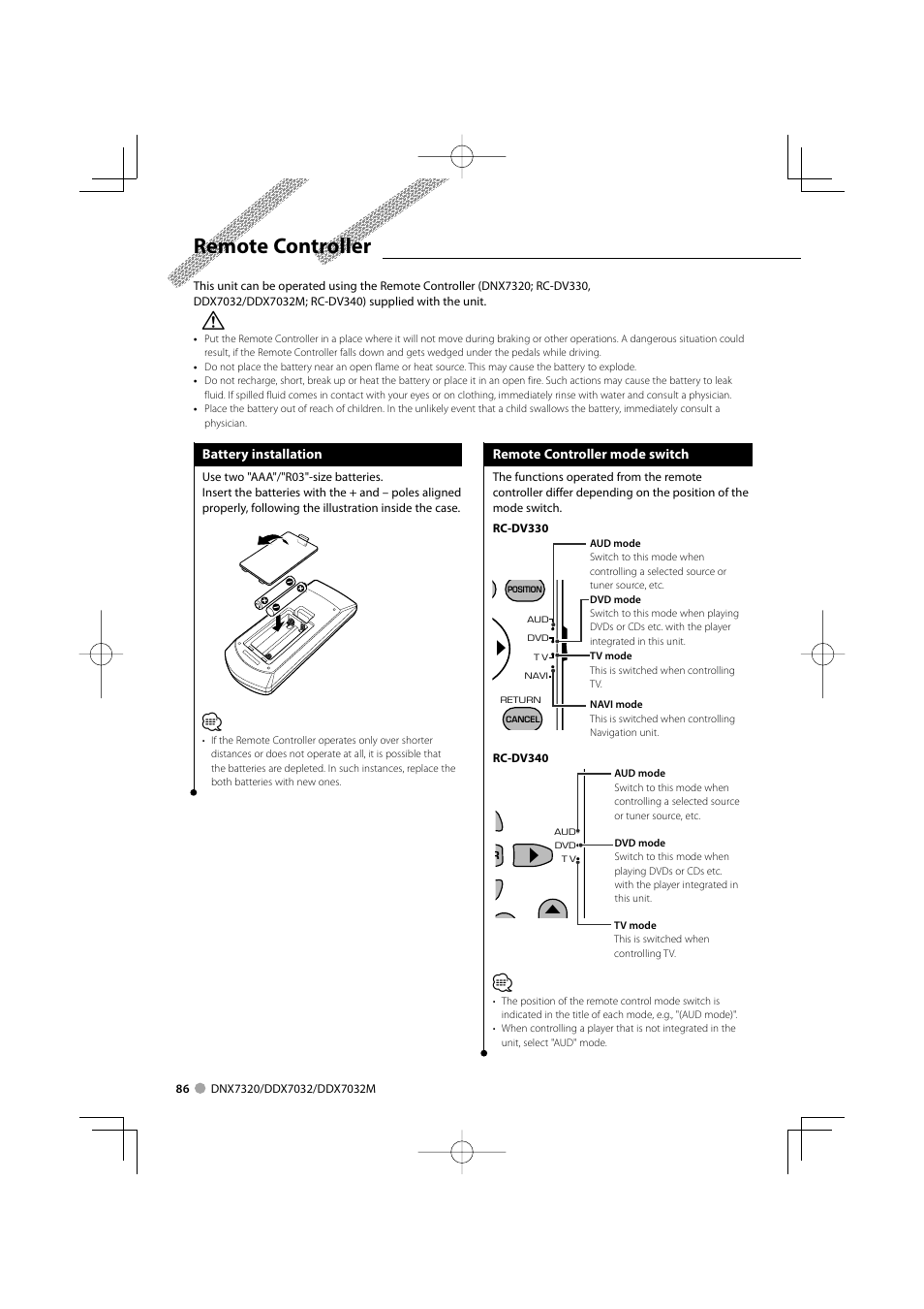 Remote controller | Kenwood DDX7032M User Manual | Page 86 / 100