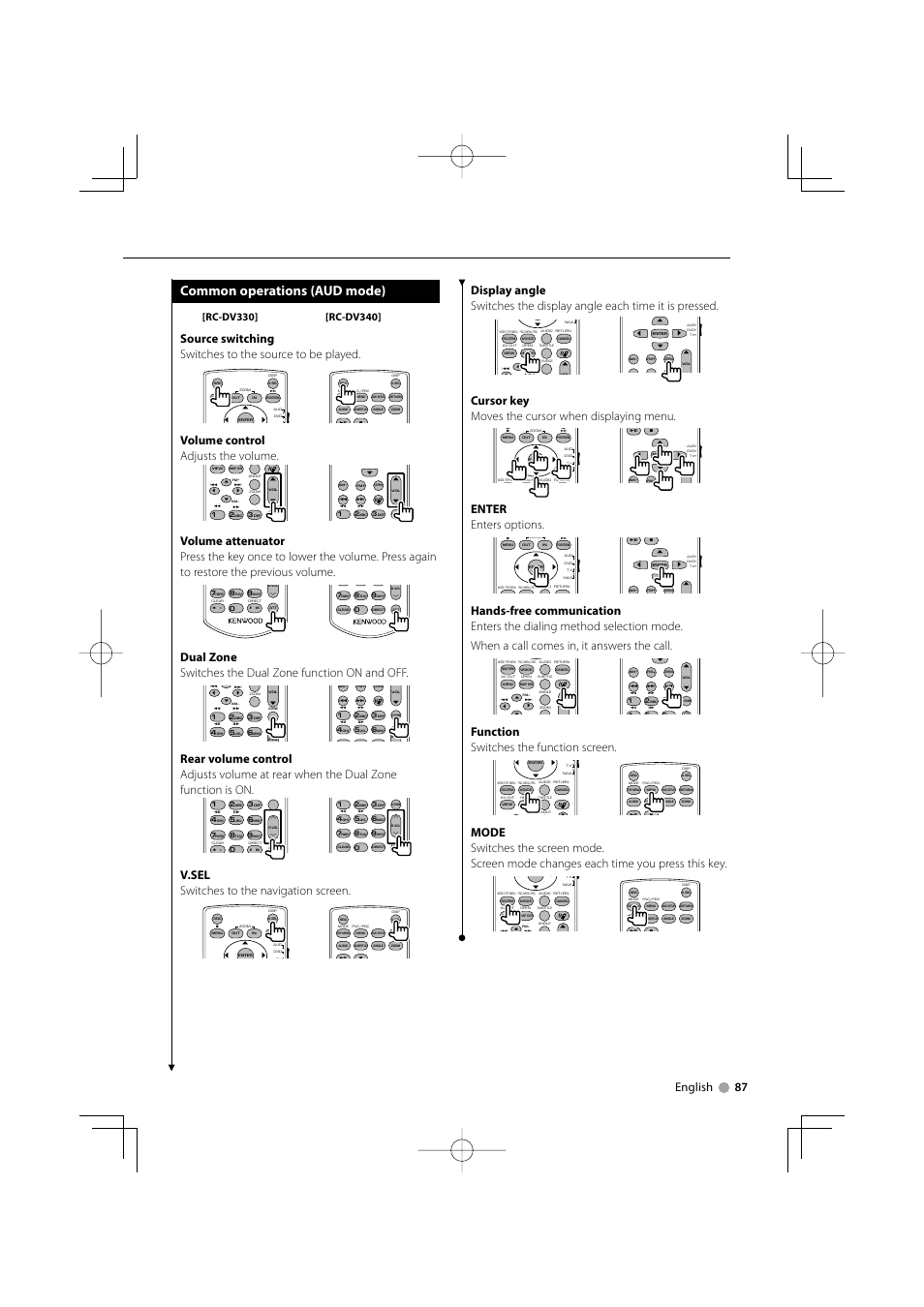 Common operations (aud mode), English 87, Volume control adjusts the volume | V.sel switches to the navigation screen, Cursor key moves the cursor when displaying menu, Enter enters options, Function switches the function screen | Kenwood DDX7032M User Manual | Page 87 / 100